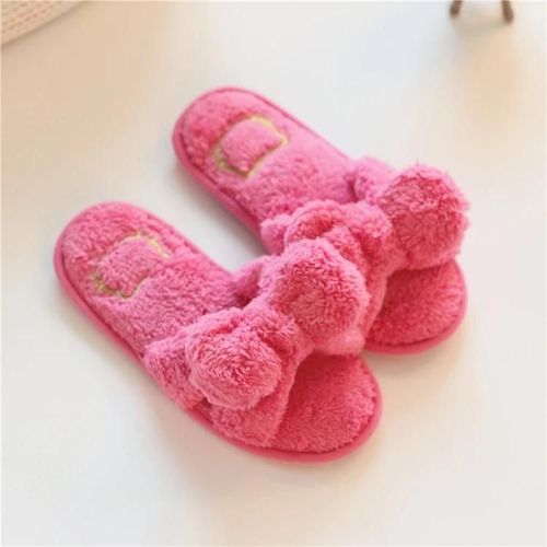 Pantoufles De Maison En Fourrure Pour Les Femmes-Peluche Courte,Conception Owknot,Taille 38-39,Rose Rouge Rose Rouge,38-39