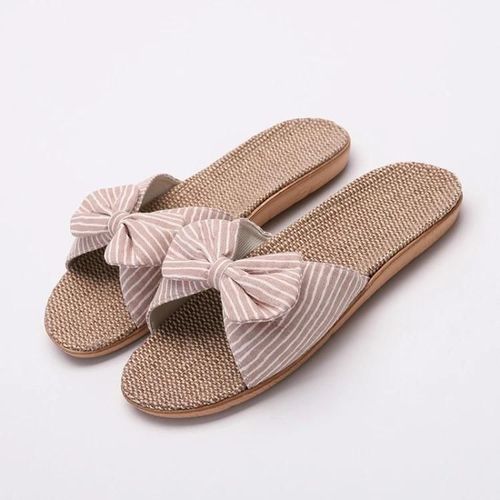 Pantoufles Rayées En Lin À Bout Ouvert Pour Femmes-Beige,Taille 39-40 Beige,39-40