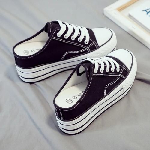Femmes Semelles Épaisses Intérieures Rehaussées Semi-Pantoufle En Toile Chaussures Paresseux À Une Jambe Plate-Forme,Taille : 37 37 Noir,37