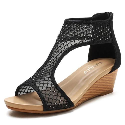 Sandales Compensées D'été Pour Femmes-Casual Mesh Semelle Épaisse,Taille 37,Noir Noir,37