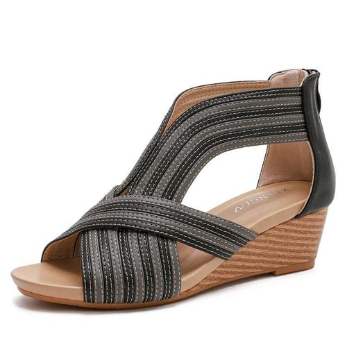 Sandales À Talons Inclinés D'été Pour Femmes-Bohemian Fish Mouth Design,Taille 37,Noir Noir,37