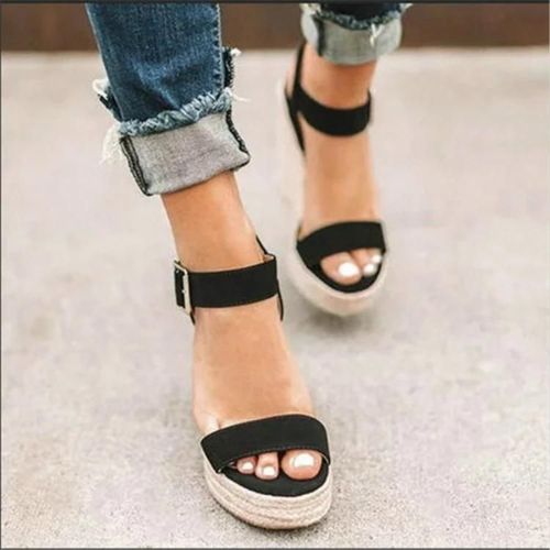 Sandales Compensées Pour Femmes-Fish Mouth Design,Corde De Chanvre,Noir,Taille 42 Noir,42