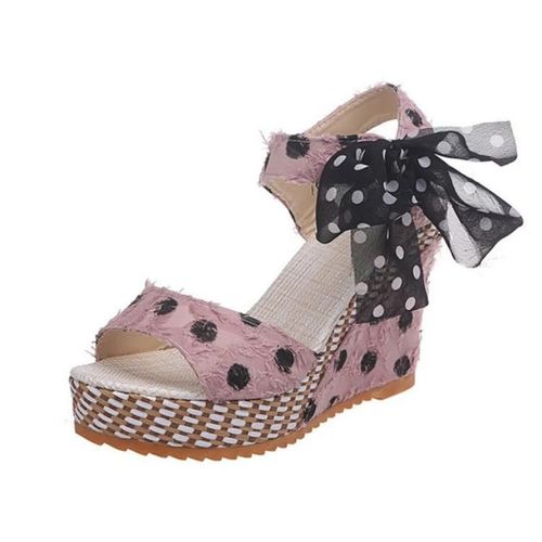 Sandales Compensées À Plateforme Pour Femmes-Pink Dot Bowknot Design,Taille 40 Rose,40