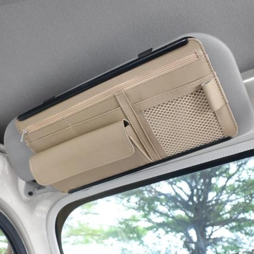 Étui à lunettes pare-soleil de voiture-Sac de rangement multifonction à fermeture éclair,beige beige