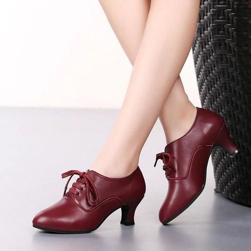 Chaussures De Danse Latine Pour Femmes-Cuir À Semelles Souples,Talons Moyens,Rouge Vin,Taille 39 Rouge Vin,39