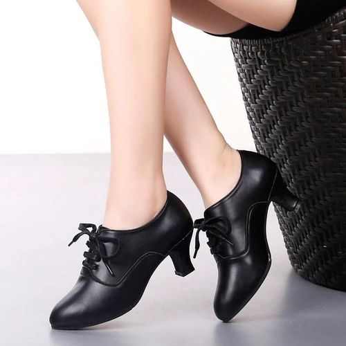 Chaussures De Danse Latine Pour Femmes-Semelle Souple,Talons Moyens,Cuir,Taille 34,Noir-Noir,34