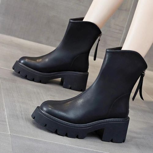Bottes Courtes Mi-Mollet En Cuir-Bottes Martin À Fond Épais Pour Femme-Noir 39 Noir,39