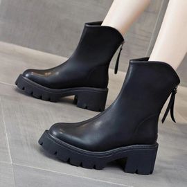 Bottes Courtes En Cuir Pour Femme-Mi-Mollet,Fond Épais,Noir,Taille 37 Noir,37