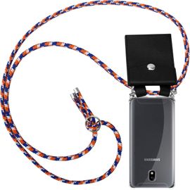 Coque Collier Pour Samsung Galaxy J7 2018 In Orange Bleu Blanc - Housse Protection En Silicone Transparent Avec Anneaux Argentés, Cordon Pour Mettre Autour De Cou Et Etui Détachable