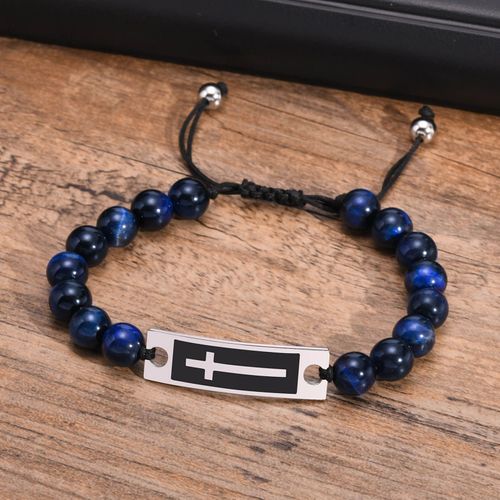 Vnox-Bracelet En Pierre ¿Il De Tigre Bleu Pour Homme, Perles De 8mm, Jonc Croisé, Prière Christ Jésus