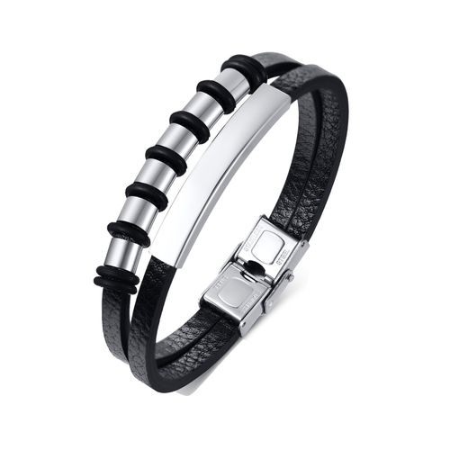 Vnox-Bracelet En Cuir Noir À Double Couche Pour Homme Et Fille, 3/5/6/7 Perles, Nom De Famille, Personnalisé, Gratuit