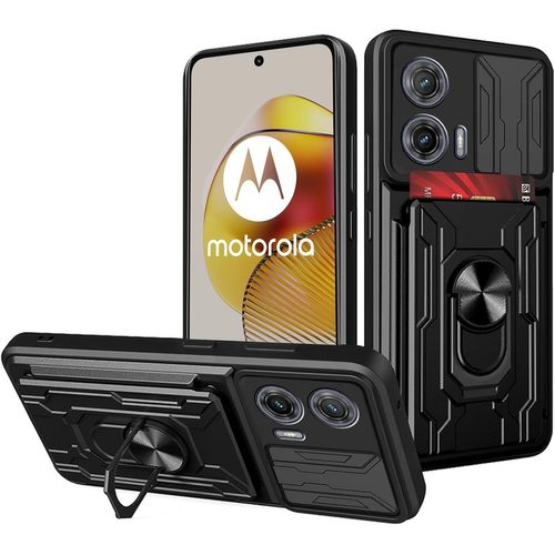Coque Pour Motorola Moto G73 5g, Anti-Rayures Et Résistante Aux Chocs, Coque Rigide Avec Coque De Caméra Coulissante, Anneau De Support Rotatif, Porte-Cartes Amovible, Noir