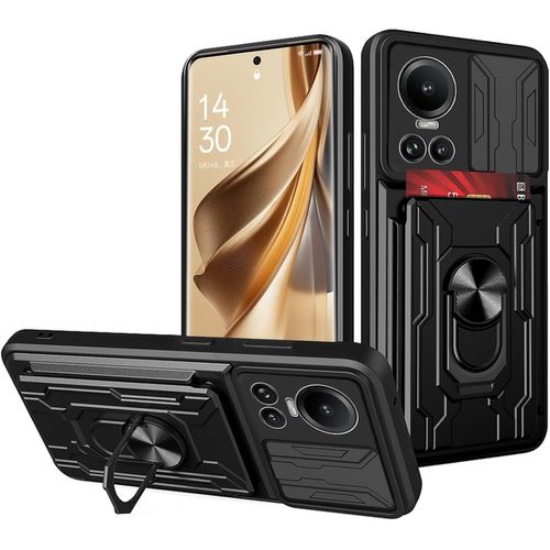 Coque Pour Oppo Reno 10/10 Pro 5g, Anti-Rayures Et Résistante Aux Chocs Avec Coque De Caméra Coulissante, Anneau De Support Rotatif, Porte-Cartes Amovible, Noir