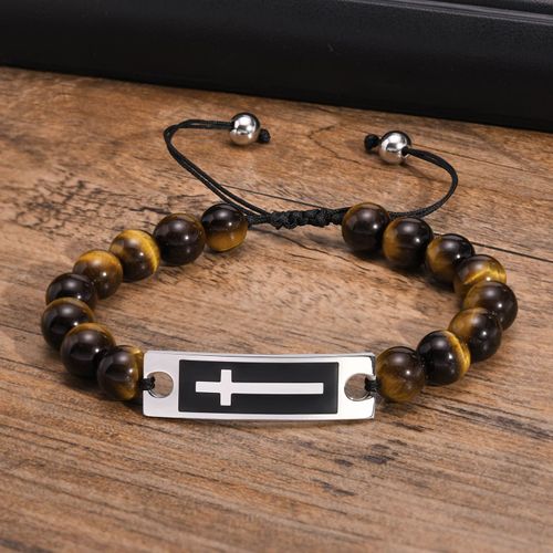 Vnox-Bracelet En Pierre ¿Il De Tigre Bleu Pour Homme, Perles De 8mm, Jonc Croisé, Prière Christ Jésus