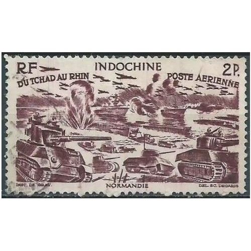 Indochine (Actuel Vietnam), Colonie Française 1946, Beau Timbre De Poste Aérienne Yvert 44, Du Tchad Au Rhin, Bataille De Normandie, Oblitéré, Tbe -