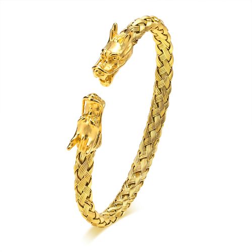 Vnox-Bracelet Tête De Dragon Chinois Pour Homme, Manchette En Acier Inoxydable Tissé Noir, Bijoux Ethniques Punk Rock