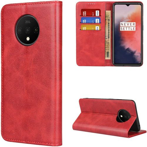 Coque Oneplus 7t,Flip Portefeuille Étui En Cuir, 3 Fentes Fonction De Support Fermeture Magnétique ,Clapet Housse Rabat Etui Pour Oneplus 7t - Rouge