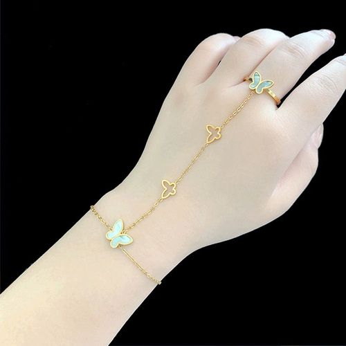 Bracelet Et Bague En Acier Inoxydable 316l Pour Femme, Bracelet En Forme De Papillon, Coquille Blanche, Chaîne À Une Main, Ensemble De Bijoux Pour Dames