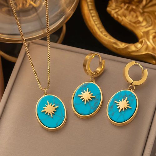 Sion L-Ensemble De Bijoux Bohème En Acier Inoxydable Pour Femme, Boucles D'oreilles Étoile, Collier Pendentif Turquoise, Mode