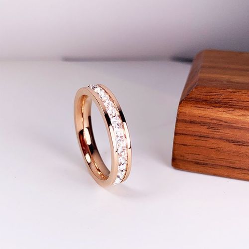 Bague De Luxe En Acier Inoxydable, Couleur Or Rose, Double Rangée, Zircon Carré, Bijoux De Fête De Fiançailles, Anneau Romantique, Accessoires Pour Femmes
