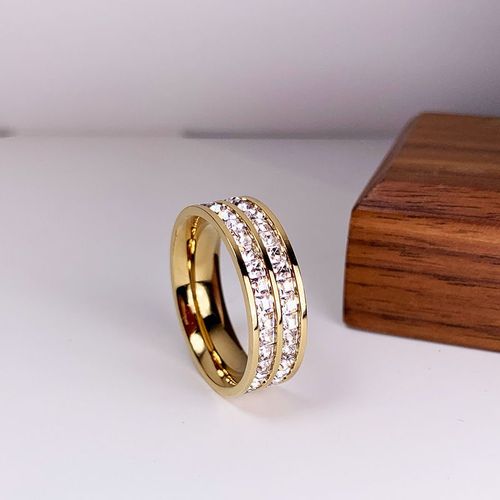 Bague De Luxe En Acier Inoxydable, Couleur Or Rose, Double Rangée, Zircon Carré, Bijoux De Fête De Fiançailles, Anneau Romantique, Accessoires Pour Femmes