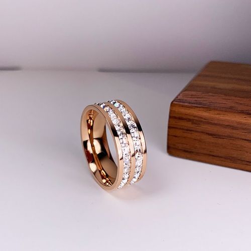 Bague De Luxe En Acier Inoxydable, Couleur Or Rose, Double Rangée, Zircon Carré, Bijoux De Fête De Fiançailles, Anneau Romantique, Accessoires Pour Femmes