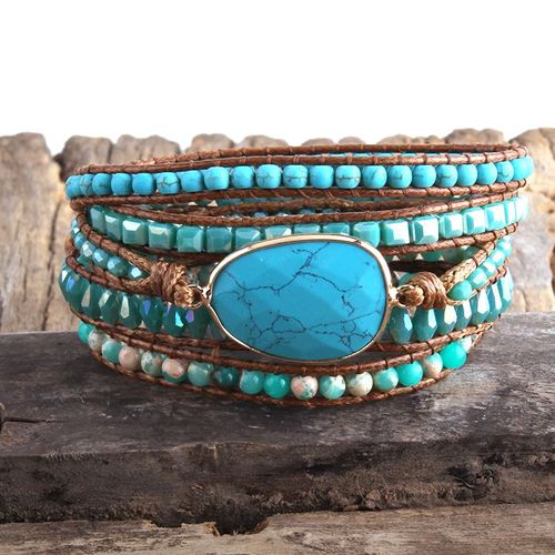 Rh-Bracelet Boho Tissé À 5 Brins, Charme En Pierre Naturelle De Charbon Turq, Cadeau, Nouvelle Collection