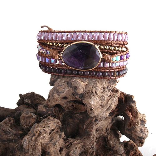 Brassard Perlé Rh Fashion, Breloque En Cristal Violet Et Gris, Breloque En Charbon Naturel, 5 Brins, Bracelets Ronds, Livraison Directe