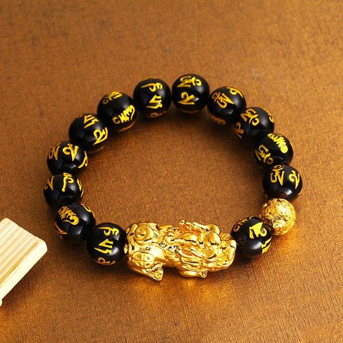 Véritables Perles De Pierre D'obsidienne Noire Pour Hommes Et Femmes, Bracelet De Richesse De Bouddha, Bracelets Feng Shui, Document En Or 24 Carats, Bijoux À Portée De Main, 2020