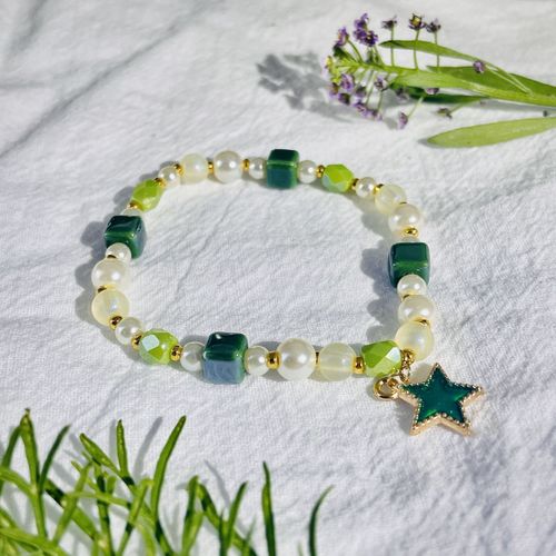 Bracelet Perlé En Cristal De Céramique Verte Douce Coréenne Pour Femme, Pendentif Étoile Bohème, Bijoux À La Main Élastiques, Accessoires Y2k, Cadeaux