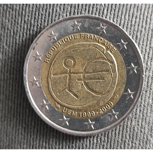 Piece De 2 Euros Republique Française Commémorative 10 Ème Anniversaire De L'union Économique Et Monétaire 1999-2009 Bonhomme Uem
