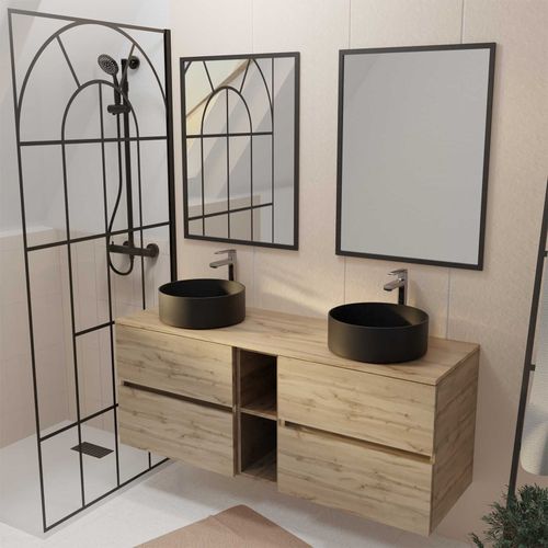 Meuble Salle De Bains 140 Timber Décor Chêne 4 Tiroirs Et Module 2 Vasques Noires 2 Miroirs 60x80