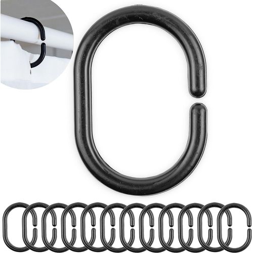 Anneaux Pour Rideaux De Douche Noirs, Paquet De 24, Diamètre 4,6 X 2,3 Cm, Pour Tiges De Rideau De Douche, Anneaux De Douche En Plastique Robuste, Crochets De Rideau De Douche Noirs, Black C-Hooks