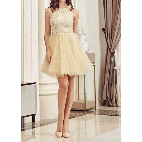 Robe De Soirée Courte Beige Col Américain Buste Avec Sequins Taille 38