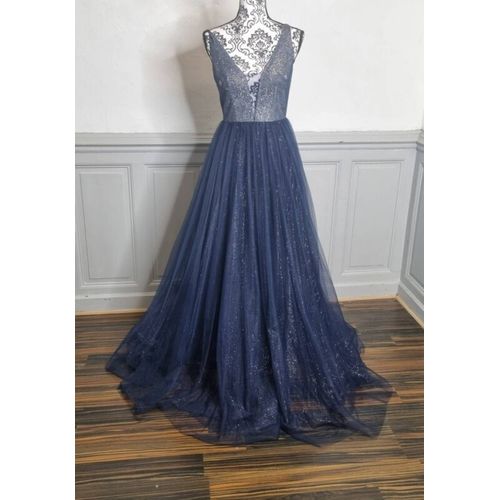 Robe De Soirée Longue Tulle Pailleté Bleu Marine Dos Nu Taille 38 Mariage Cérémonie
