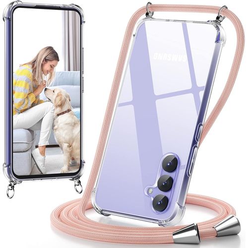 Coque Pour Samsung Galaxy A54 5g Avec Cordon De Collier,Réglable Lanyard Housse Tpu Transparente Silicone Anti-Chute Etui Pour Samsung Galaxy A54 6.4 Pouces,Ètuis À Bandoulière,Rose Doré