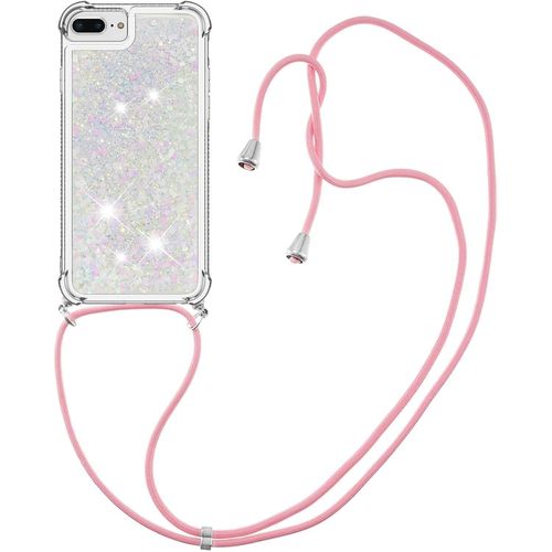 Coque Pour Iphone 7 8 Plus, Coque En Silicone Transparente À Paillettes Quicksand Avec Corde Pour Iphone 6 6s Plus Avec Cordon De Cou Suspendu Réglable, Rose Argent