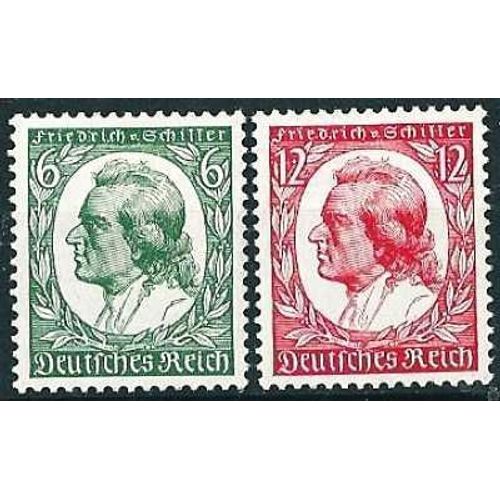 Allemagne, 3ème Reich 1934, Beaux Timbres Yvert 522 & 523, 175ème Anniversaire De La Naissance De L'écrivain Schiller, Filigrane 'croix Gammées', Neufs* -