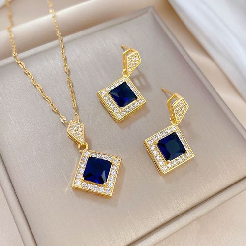 Xiyanike-Ensemble De Bijoux En Acier Inoxydable Sion L Pour Femme, Boucle D'oreille En Cristal Losange Bleu, Collier, Accessoire De Mode, Cadeau De Mariage