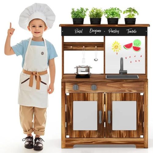 Costway Cuisine Pour Enfants 3 Ans+ En Bois De Sapin 6 Accessoires - 4 Pots De Plantation Robinet, Evier Amovible, 2 Cuisinières