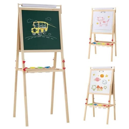 Costway Chevalet D'art 3 En 1 - Tableau Noir & Blanc Magnétique - Hauteur Réglable & Rouleau De Papier Pour Enfant De 3-10 Ans