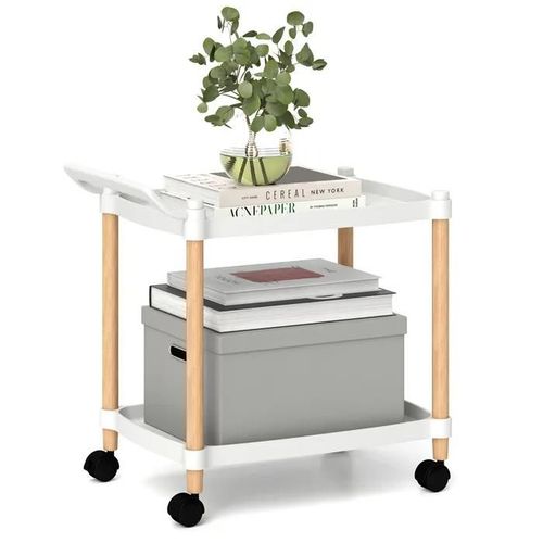 Costway Desserte De Bureau À 2 Niveaux,Cadre En Bois De Hêtre Avec Roues Verrouillables Moderne Blanc