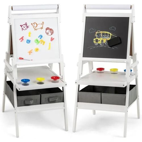 Costway Chevalet D'art 3 En 1 -Tableau Noir & Blanc Magnétique,Rouleau De Papier & 2 Bacs En Tissu Pour Enfants 3-6 Ans Blanc