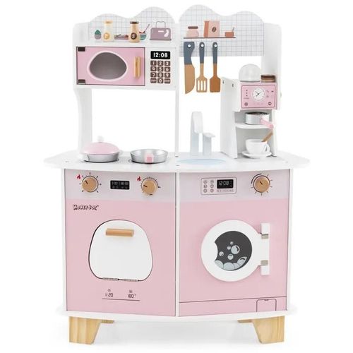 Costway Cuisine Pour Enfant 3 Ans+ Avec 12 Accessoires, Zone : Cafetièree, Micro-Ondes, Four, Machine À Laver Rose