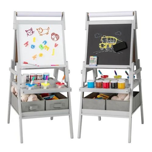 Costway Chevalet D'art 3 En 1 -Tableau Noir & Blanc Magnétique,Rouleau De Papier & 2 Bacs En Tissu Pour Enfants 3-6 Ans Gris