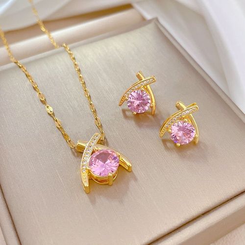 Xiyanike-Ensemble De Bijoux En Acier Inoxydable Sion L Pour Femmes, Boucles D'oreilles En Cristal Rose, Collier, Accessoires De Mode, Cadeau, Nouveauté