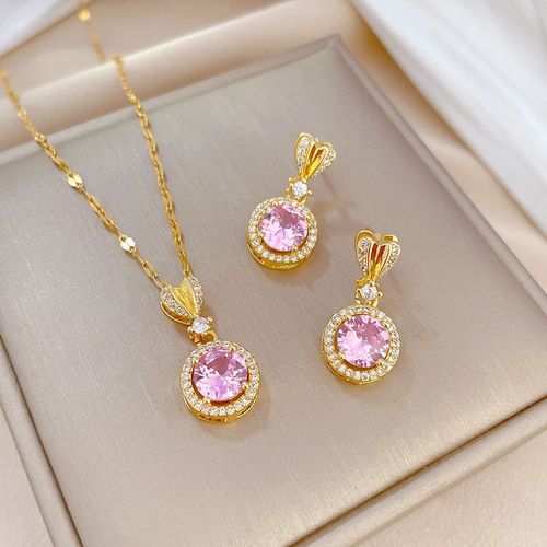 Xiyanike-Ensemble De Bijoux En Acier Inoxydable Sion L Pour Femmes, Boucles D'oreilles En Cristal De Coeur Rose, Collier, Accessoires De Mariage, Nouveauté