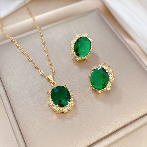 Xiyanike-Ensemble De Bijoux En Acier Inoxydable Sion L Pour Femme, Boucles D'oreilles En Cristal Vert, Collier, Accessoires Vintage, Cadeau, Nouveauté