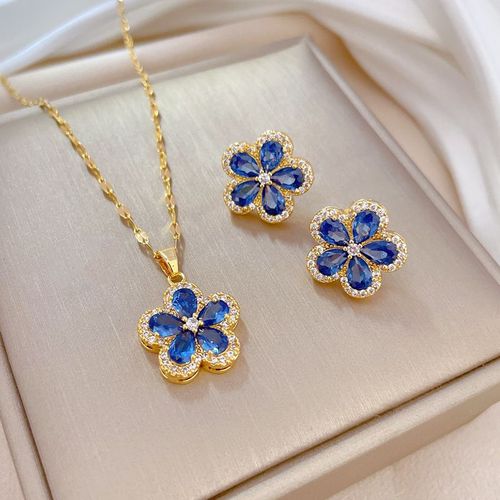 Xiyanike Sion L-Ensemble De Bijoux En Acier Inoxydable Pour Femme, Bleu, Rose, Fleur, Boucle D'oreille En Cristal, Collier, Nouveauté, Accessoire, Cadeau