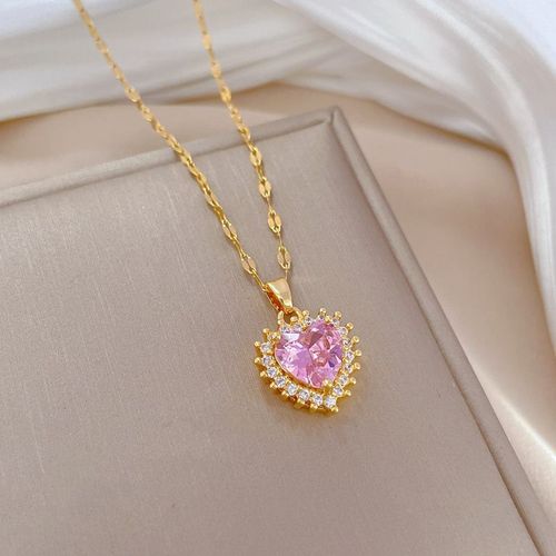 Xiyanike-Ensemble De Bijoux En Acier Inoxydable Sion L Pour Femme, Boucles D'oreilles En Cristal De Coeur Rose, Collier, Accessoires Simples, Cadeau De Mariage
